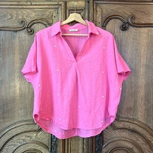 Day + Moon Linen Short Sleeve Pink Star Top